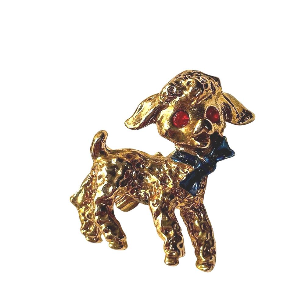 Vintage Taiwan Gold Tone Lamb Brooch Red Rhinestone Eyes Blue Bow